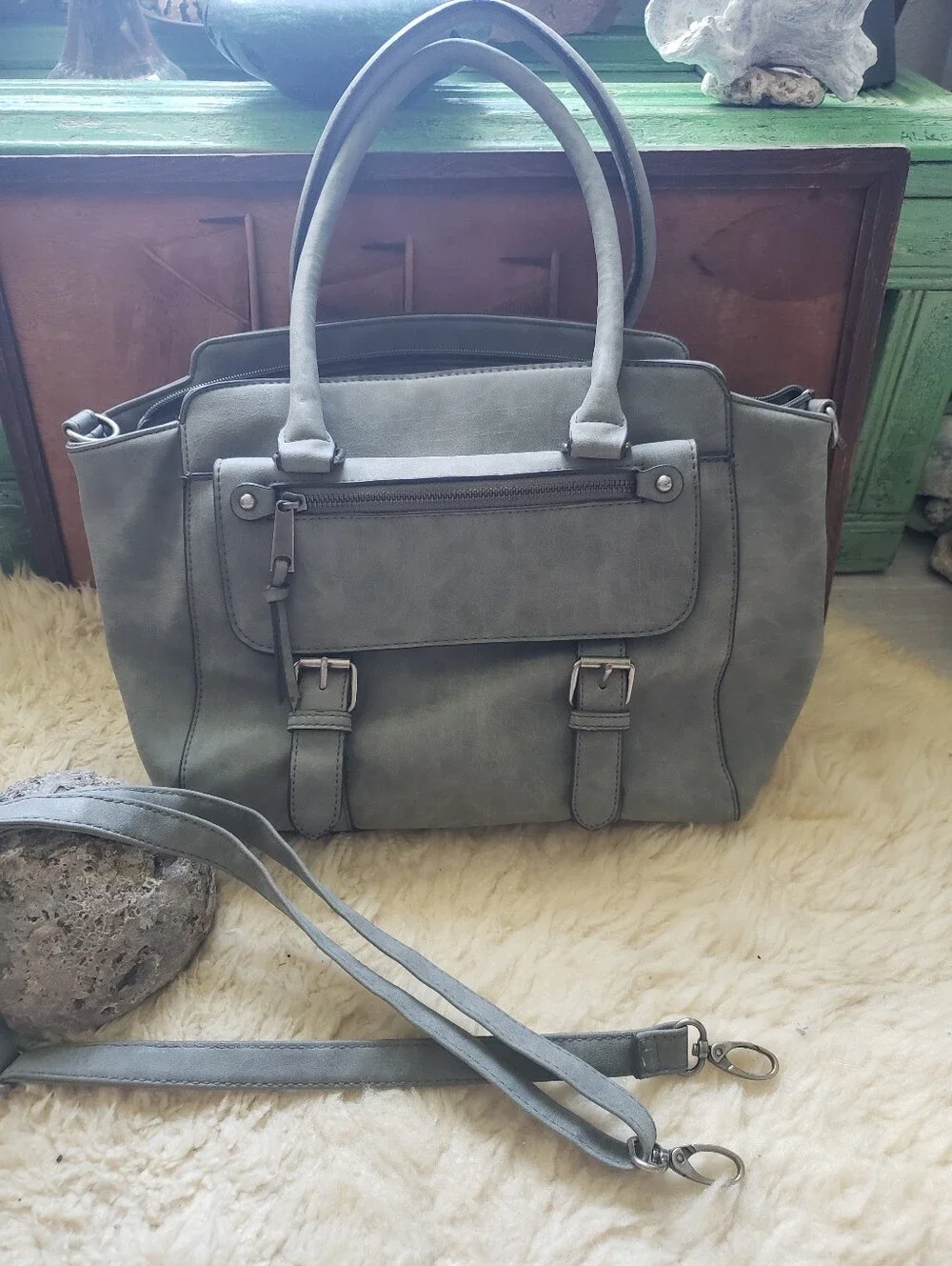 Boho Grey Faux Leather Buckle Satchel Crossbody Handbag Multi-Pocket Purse